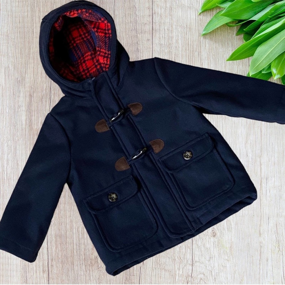 Carters Boy Tartan Plaid Blue Toggle Button Flannel Wool Winter Coat Size 24 mth